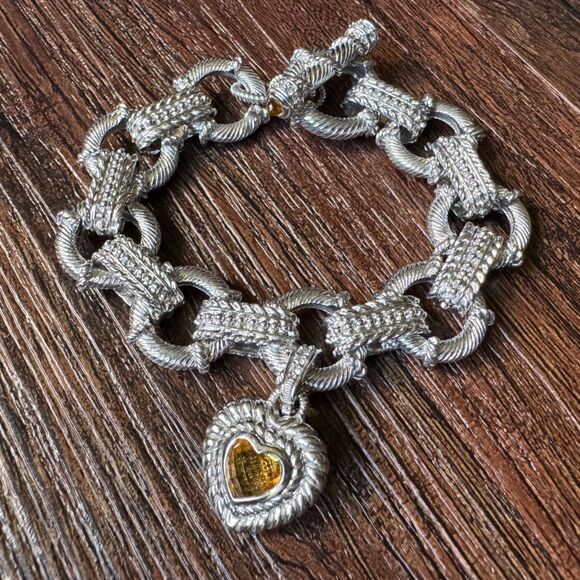 JUDITH RIPKA STERLING SILVER BRACELET w CITRINE HEART ENHANCER CHARM 7.5" Estate - Picture 5 of 16